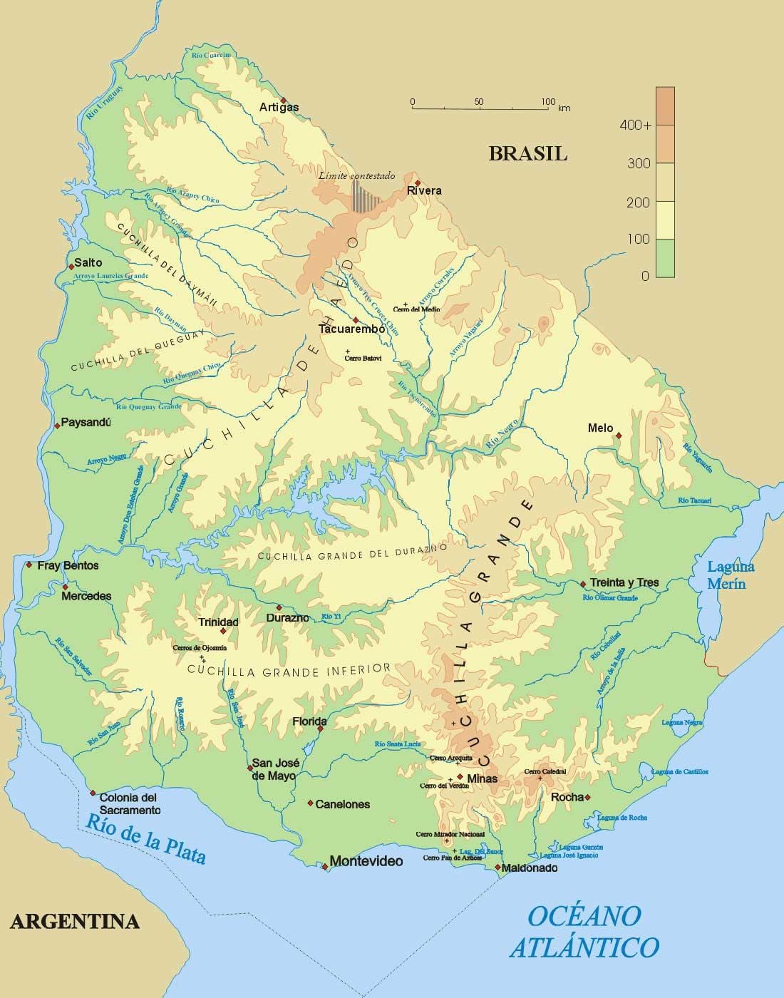 Mapa fyzické Uruguay